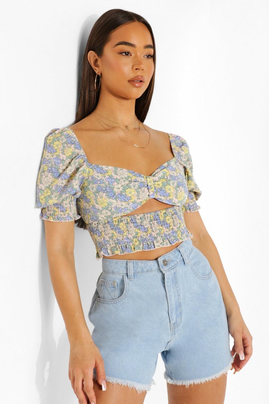 Green Woven Floral Cut Out Shirred Crop Top image number 1