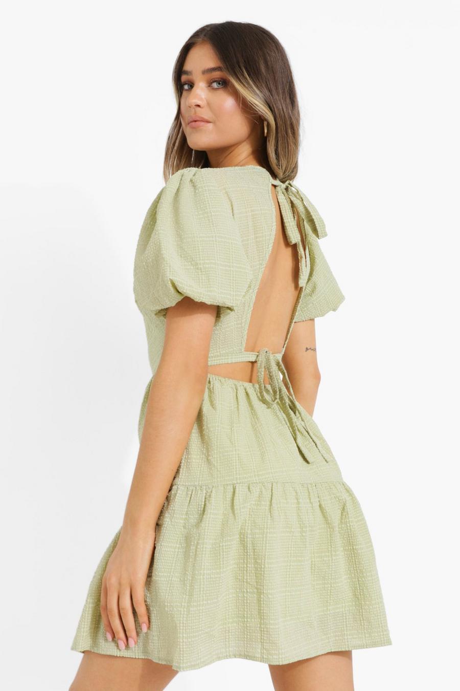 Green Textured Extreme Puff Sleeve Skater Dress image number 1