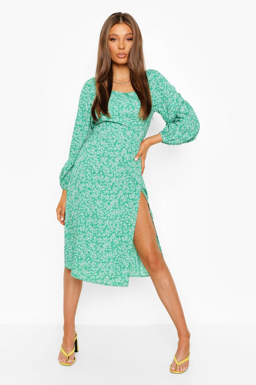 Green Woven Floral Midi Dress image number 1