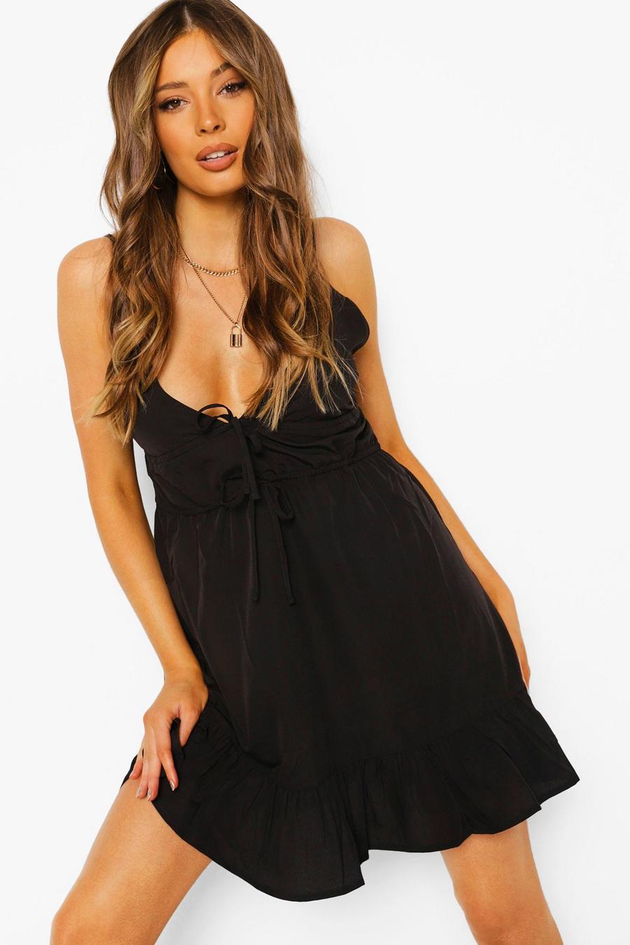 Black Woven Strappy Tie Detail Sundress image number 1