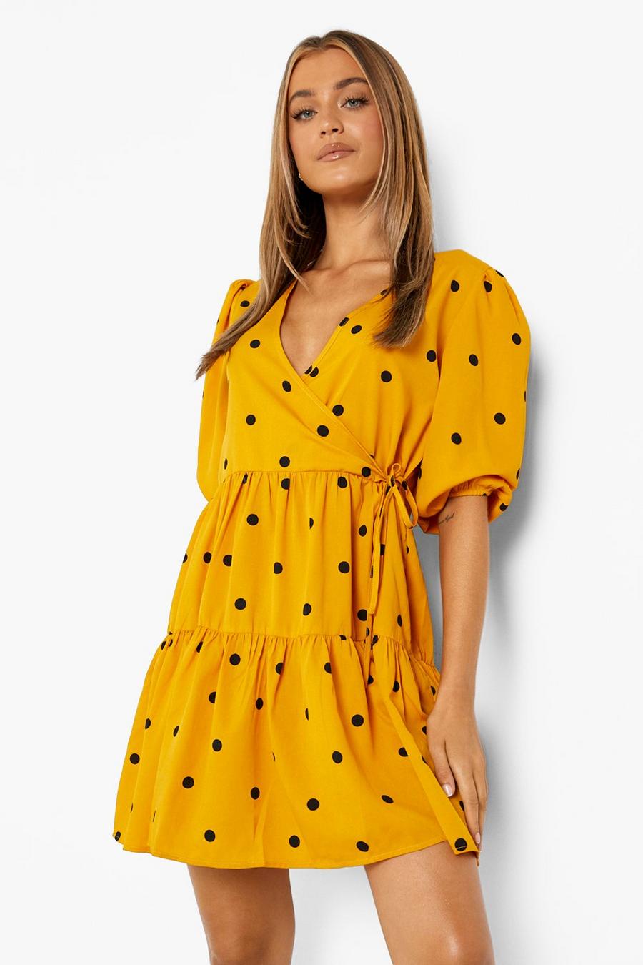 Vestido holgado de tela de lunares con atadura, Mustard giallo image number 1