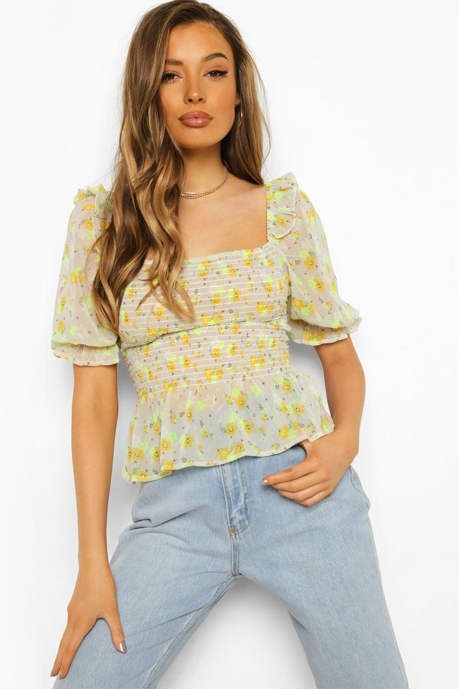 Stone Woven Floral Shirred Blouse image number 1
