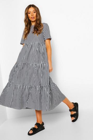 Black Cotton Gingham Midi Smock Dress