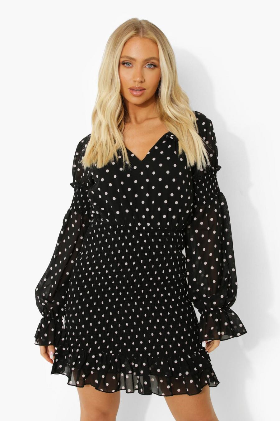 Black Woven Polka Dot Shirred Mini Dress image number 1