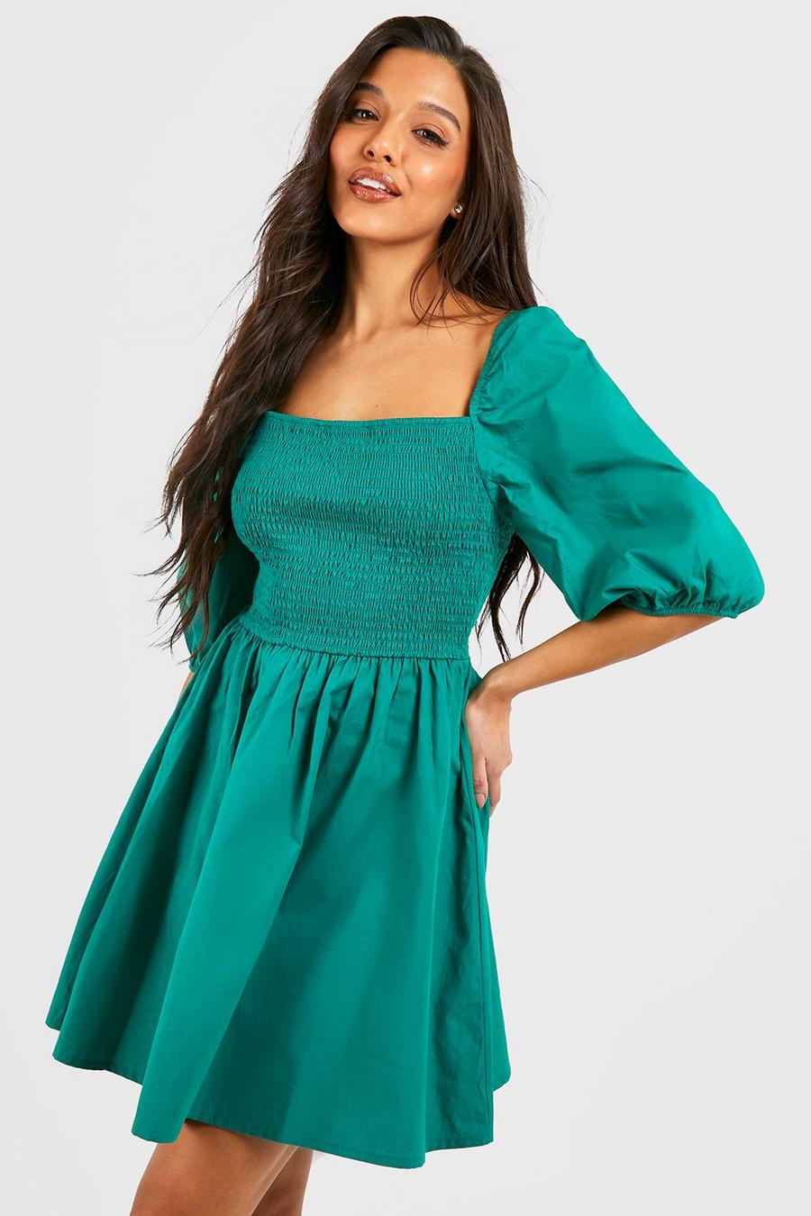 Green Cotton Shirred Skater Dress