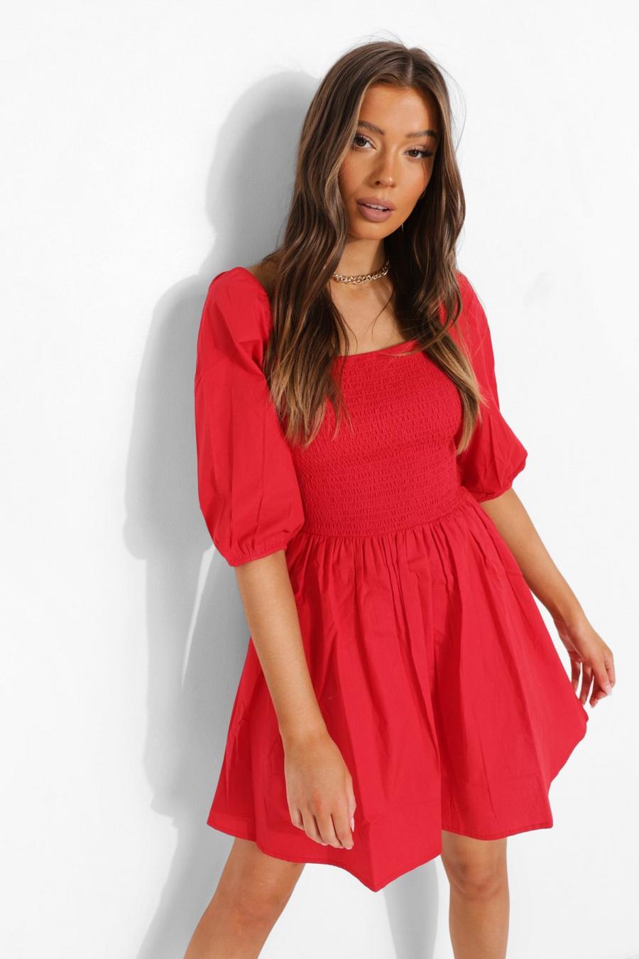 Red Cotton Shirred Skater Dress