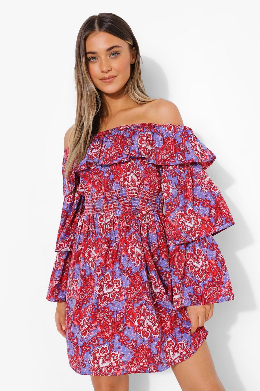 Lilac Off The Shoulder Paisley Frill Sleeve Dress image number 1