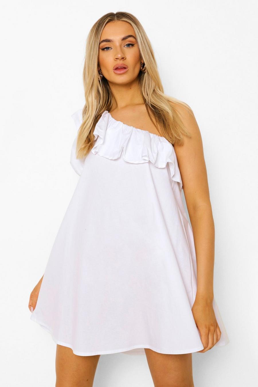 White Woven One Shoulder Ruffle Dress image number 1