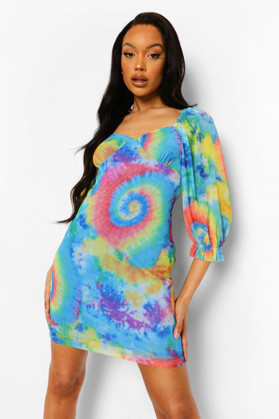 Batik-Kleid mit Netzstoff, Mehrfarbig image number 1