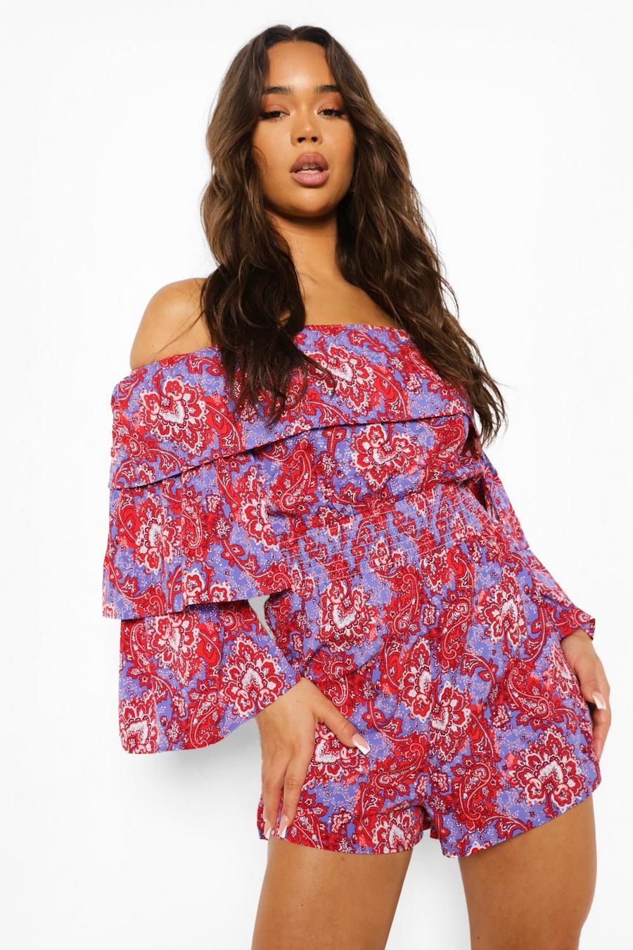 Lilac Off The Shoulder Paisley Print Frill Sleeve Romper image number 1