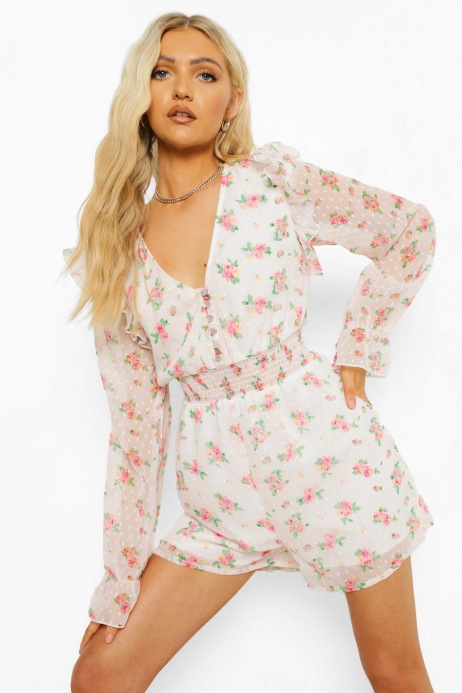White Floral Dobby Playsuit image number 1
