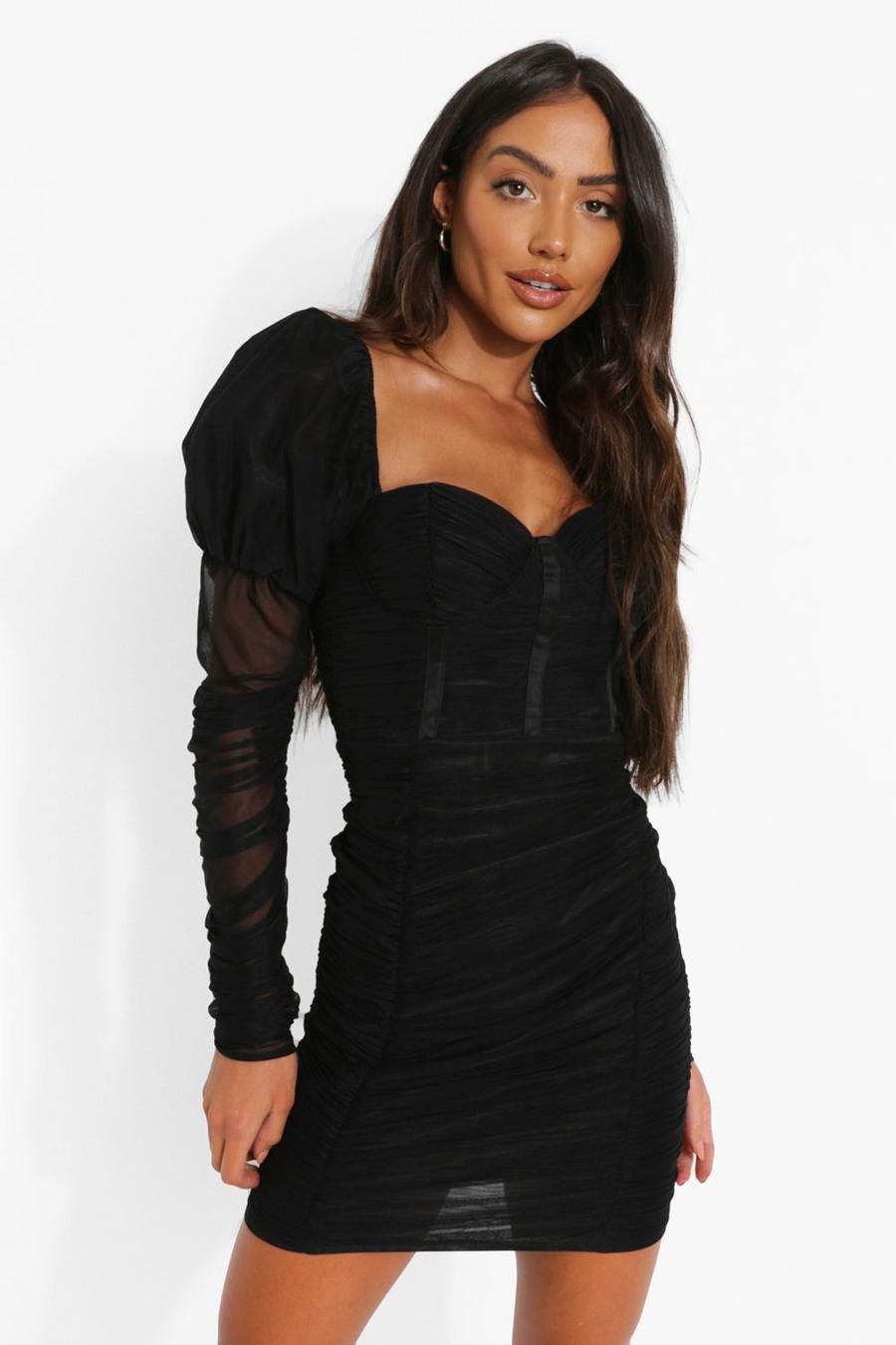 Black Mesh Rouche Detail Mini Dress image number 1