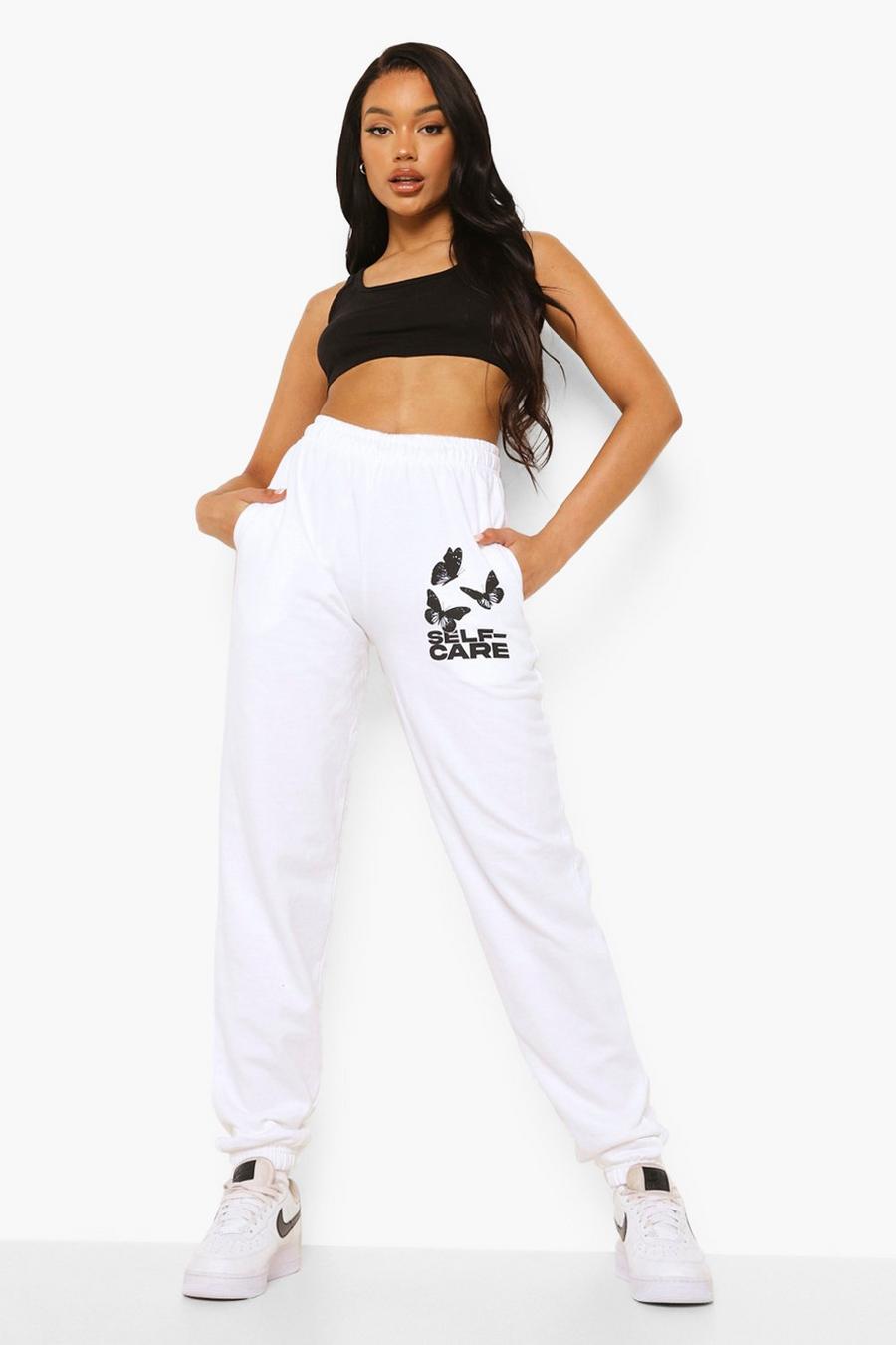 White Self Care Butterfly Print Joggers image number 1