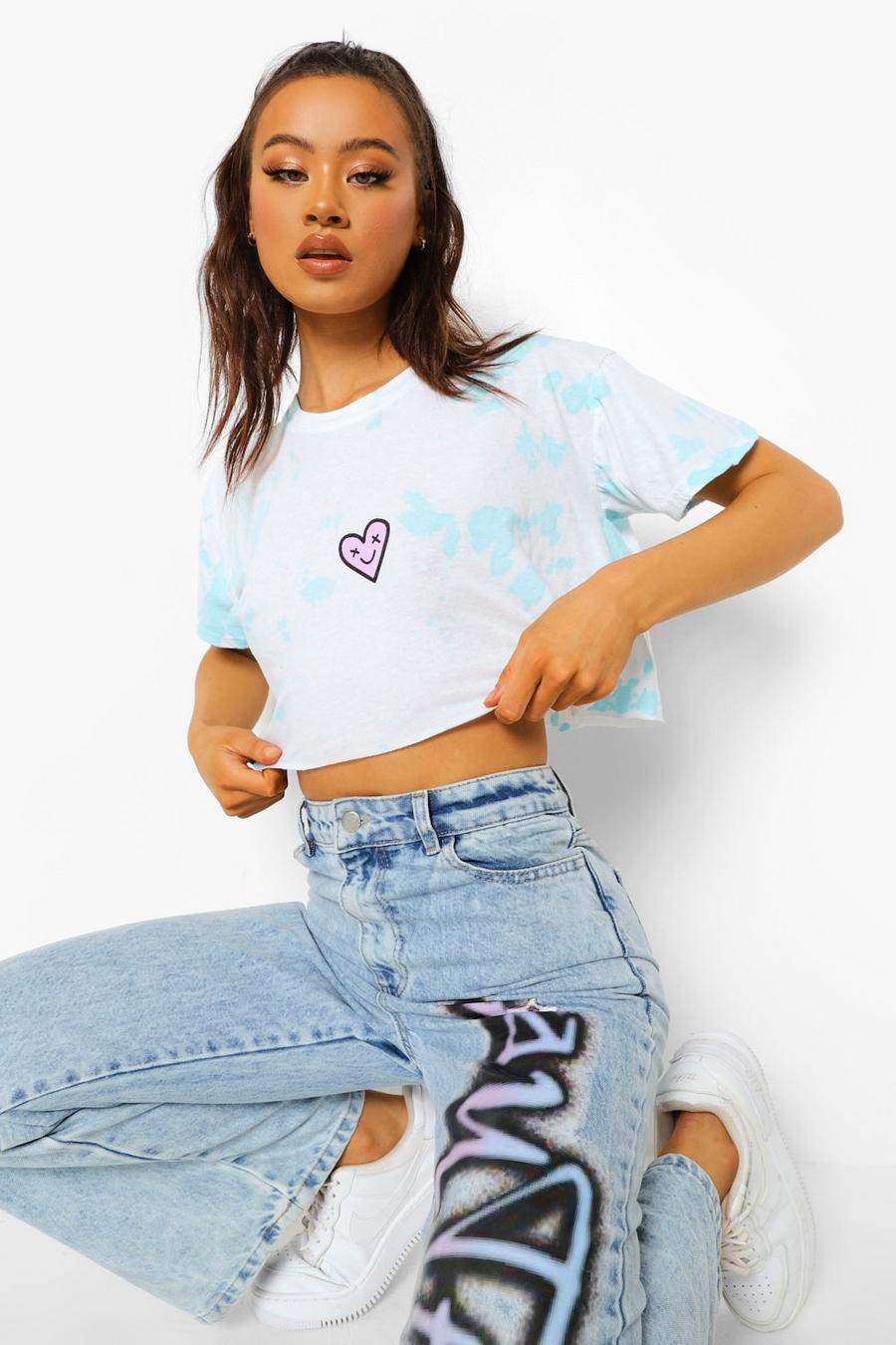 Pale blue Heart Print Tie Dye Cropped T Shirt image number 1