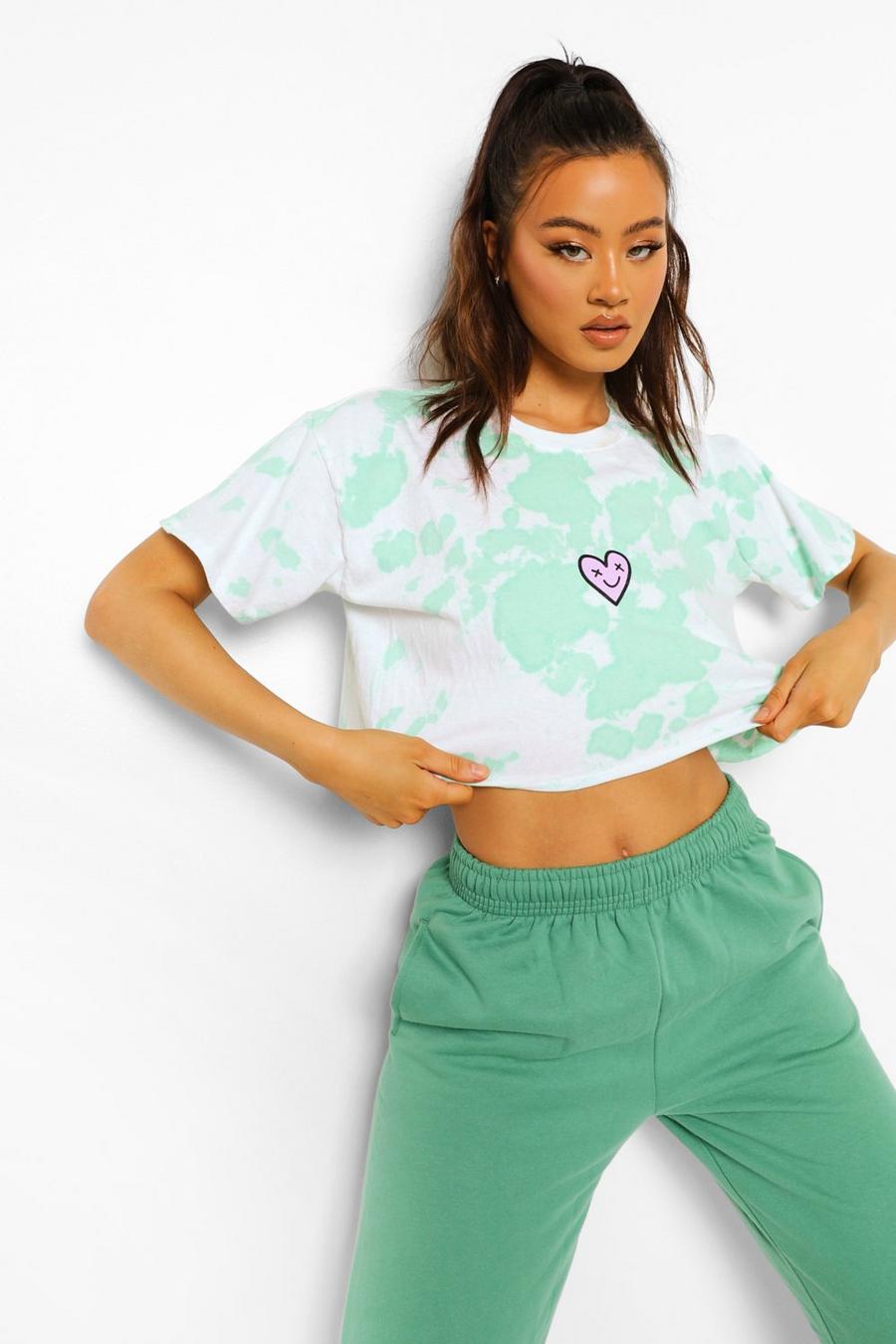 Pale green Heart Print Tie Dye Cropped T Shirt image number 1