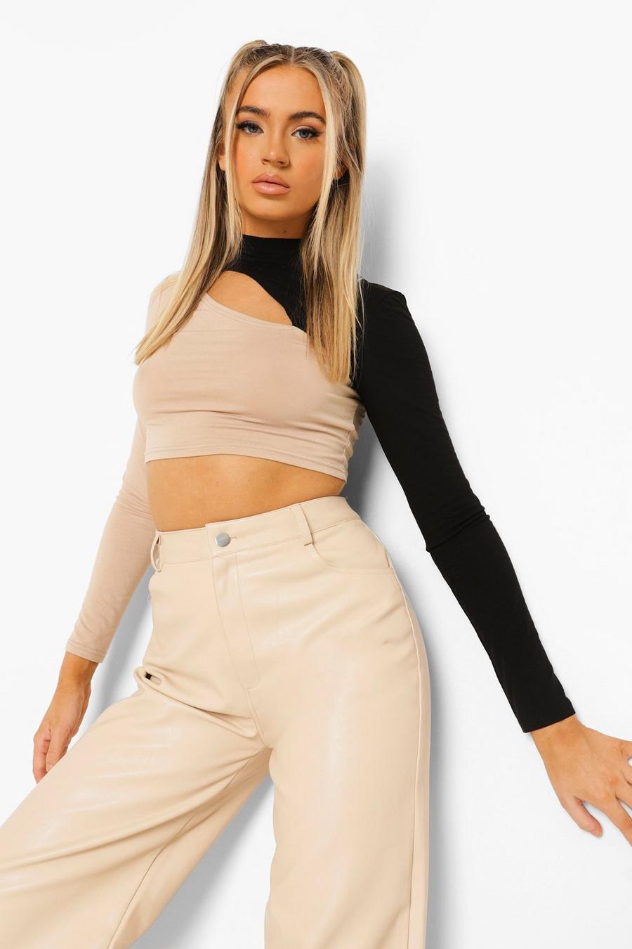 Stone Cut Out Two Tone Long Sleeve Crop Top image number 1