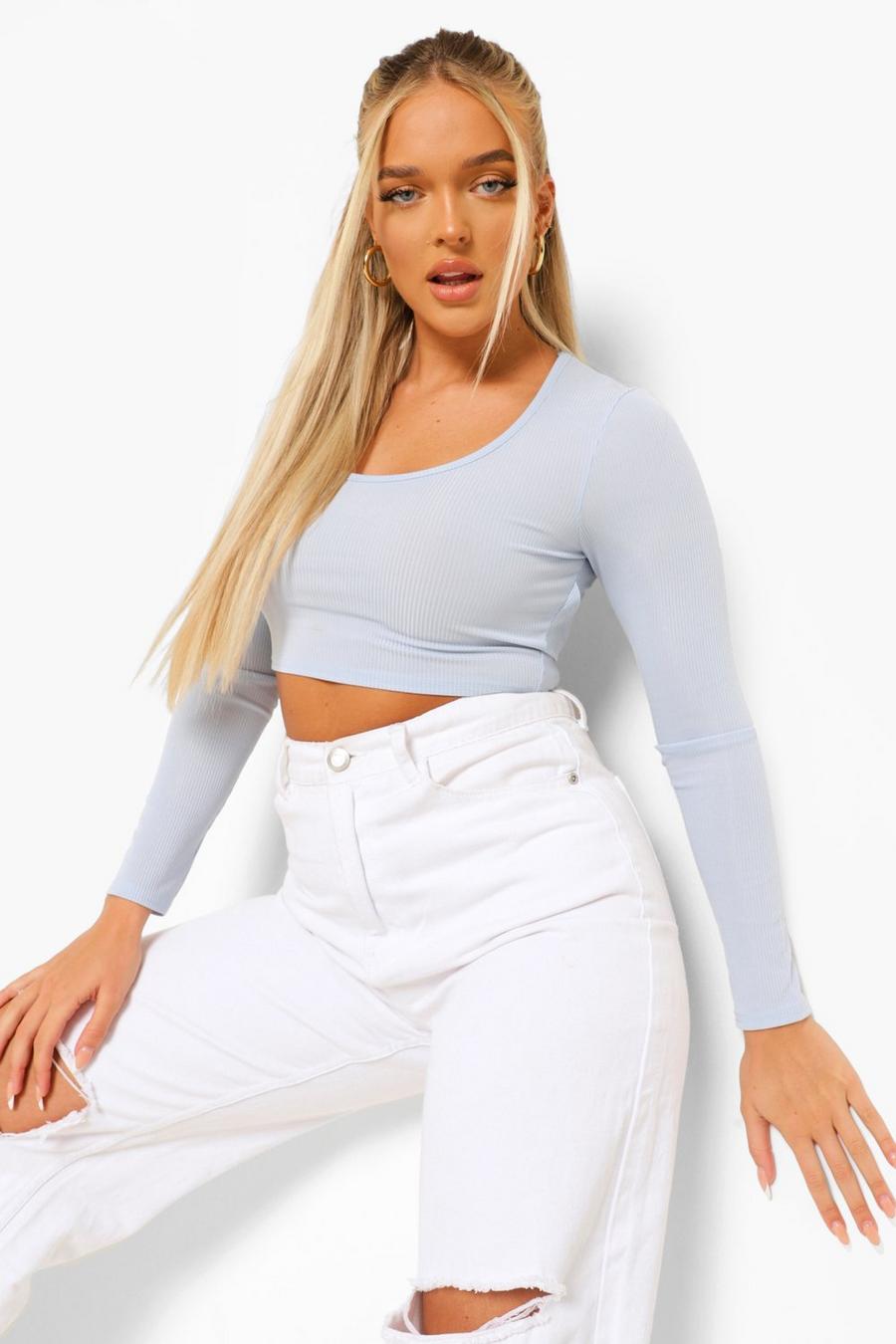 Light blue Long Sleeve Cut Out Detail Crop Top image number 1