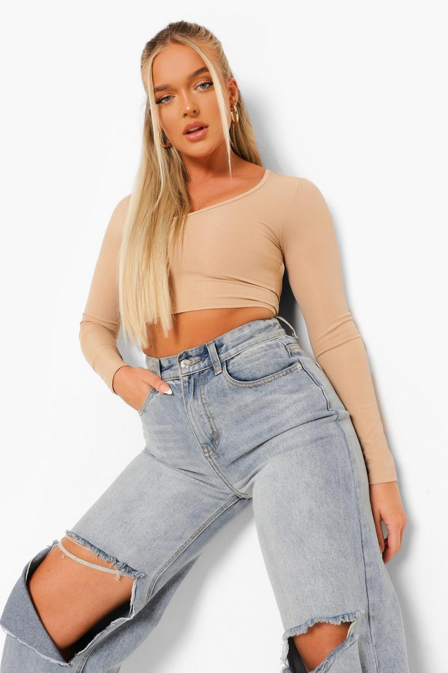 Stone Long Sleeve Cut Out Detail Crop Top image number 1