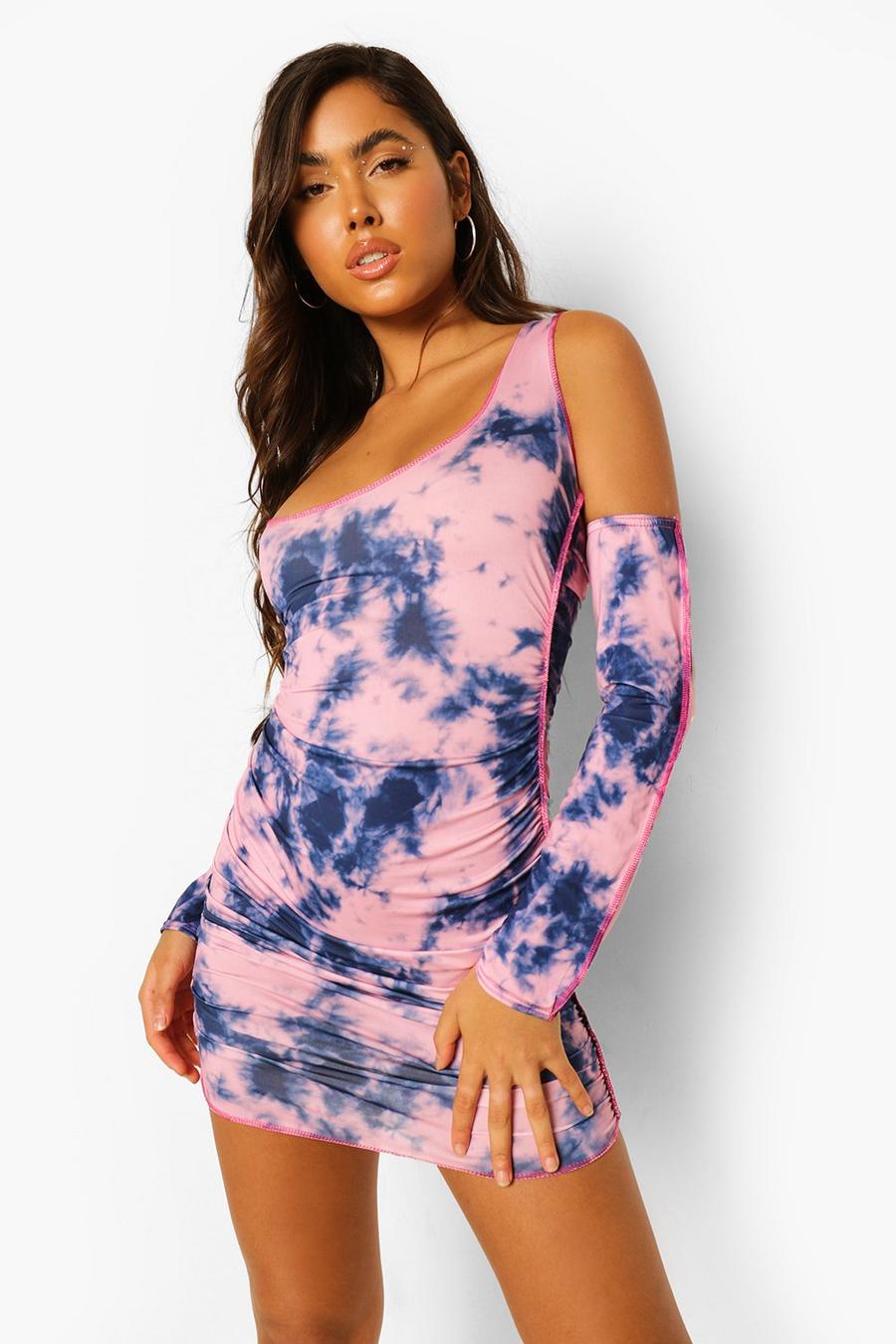 Pink Tie Dye Bodycon Mini Dress With Sleeves image number 1