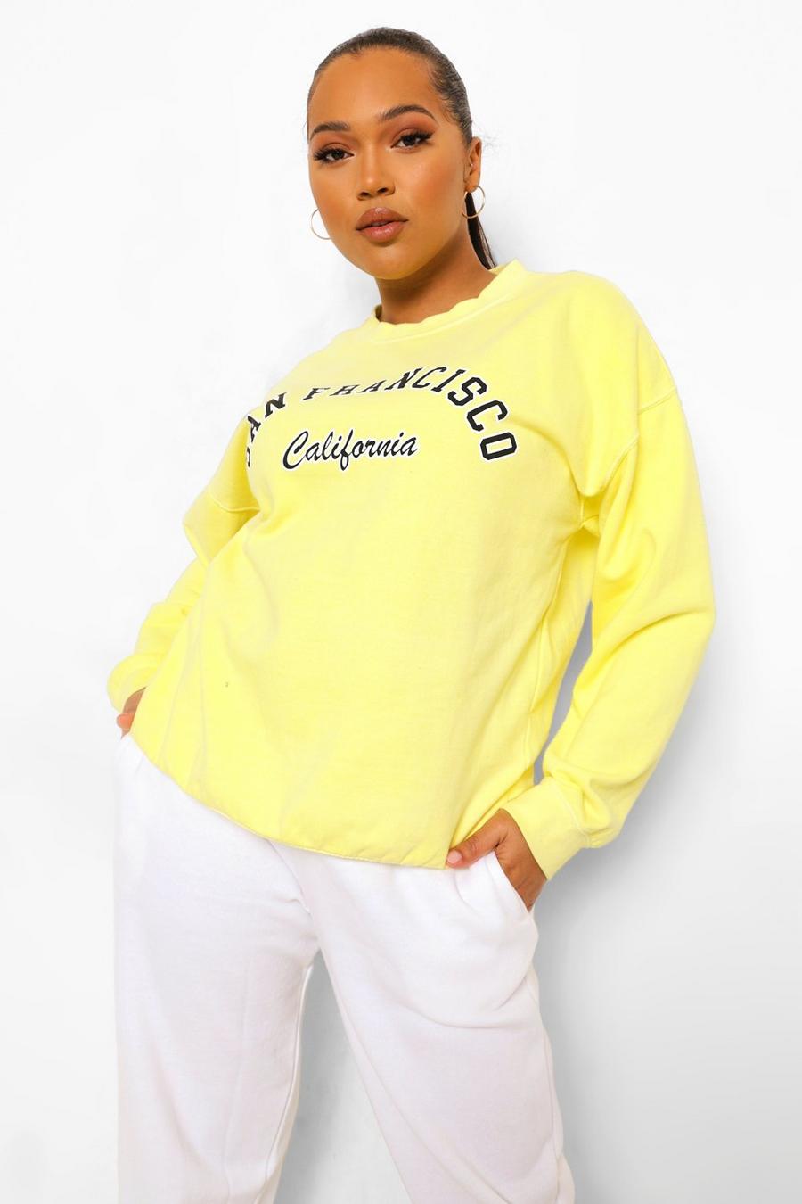Plus Sweatshirt mit Überfärbung und „San Francisco“-Print, Gelb image number 1