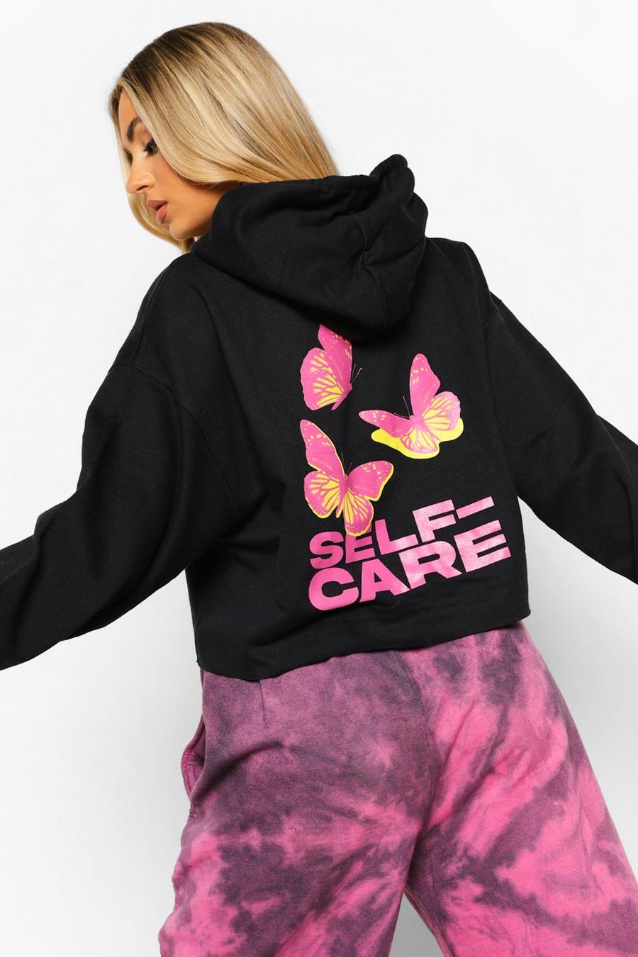 Black "Self Care" Kort hoodie med fjärilar image number 1