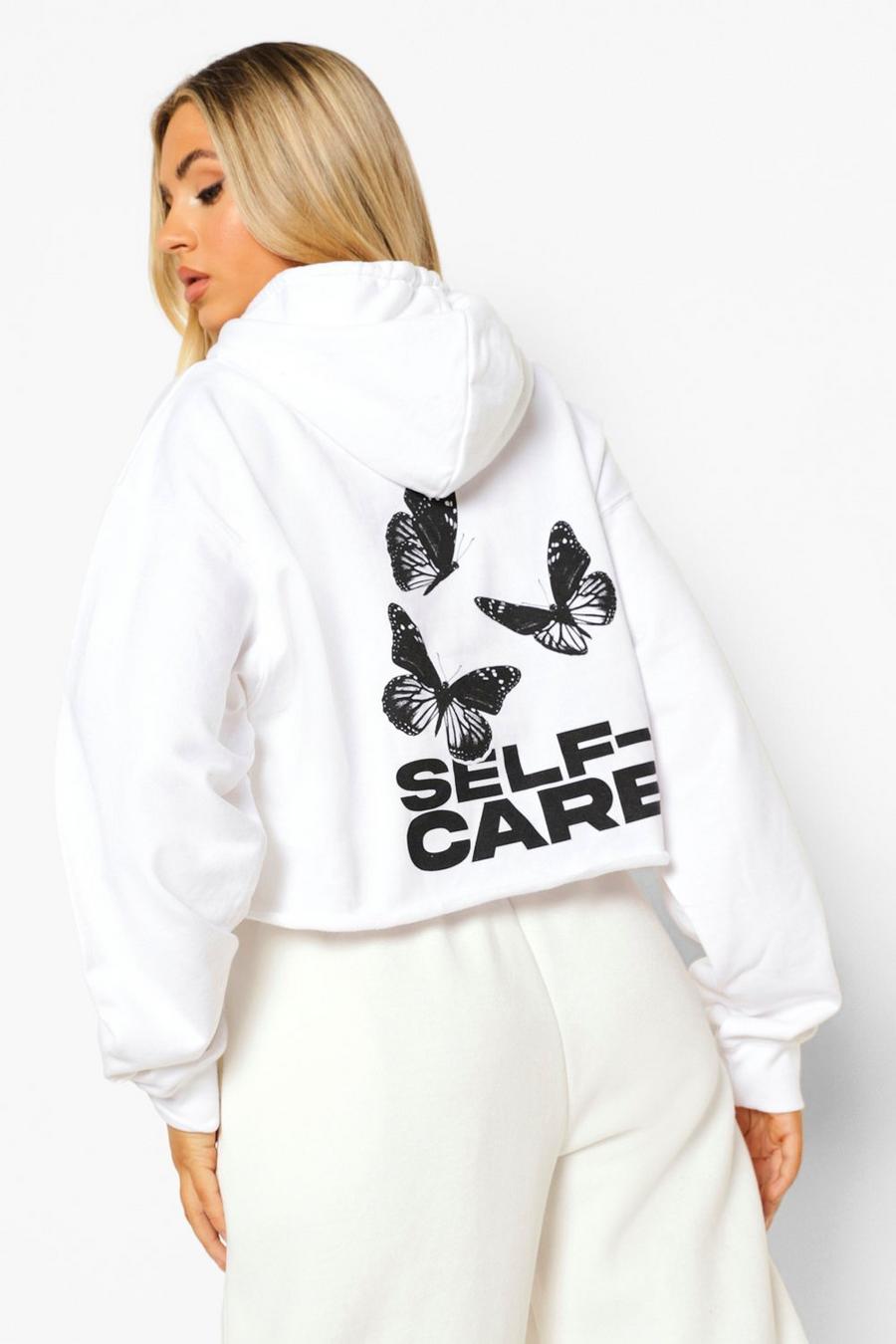 White "Self Care" Kort hoodie med fjärilar image number 1