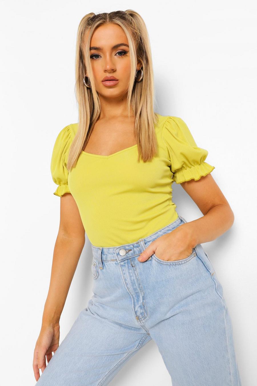 Chartreuse Rib Sweetheart Neck Puff Sleeve Bodysuit image number 1