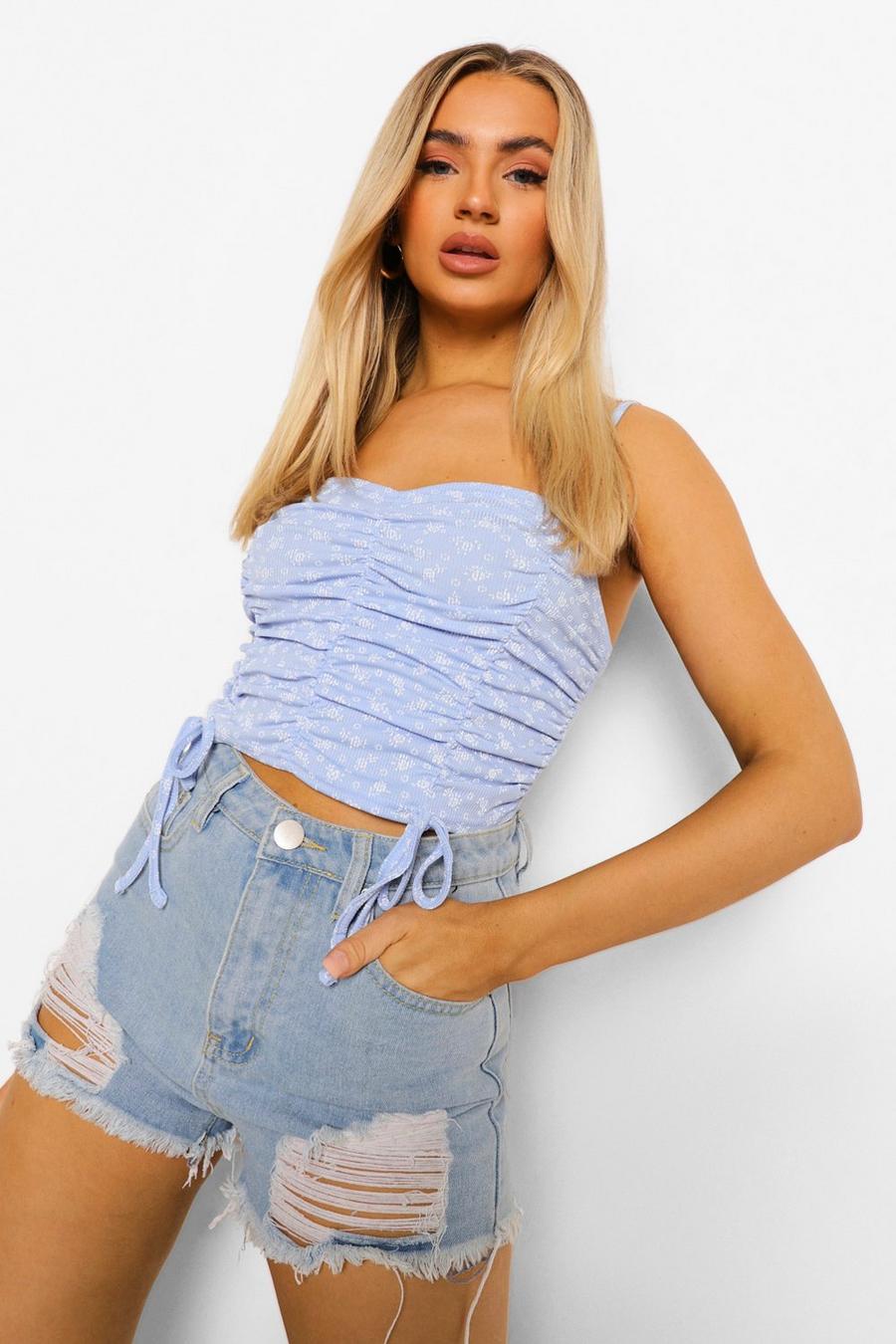Baby blue Ditsy Ruched Crop Top image number 1
