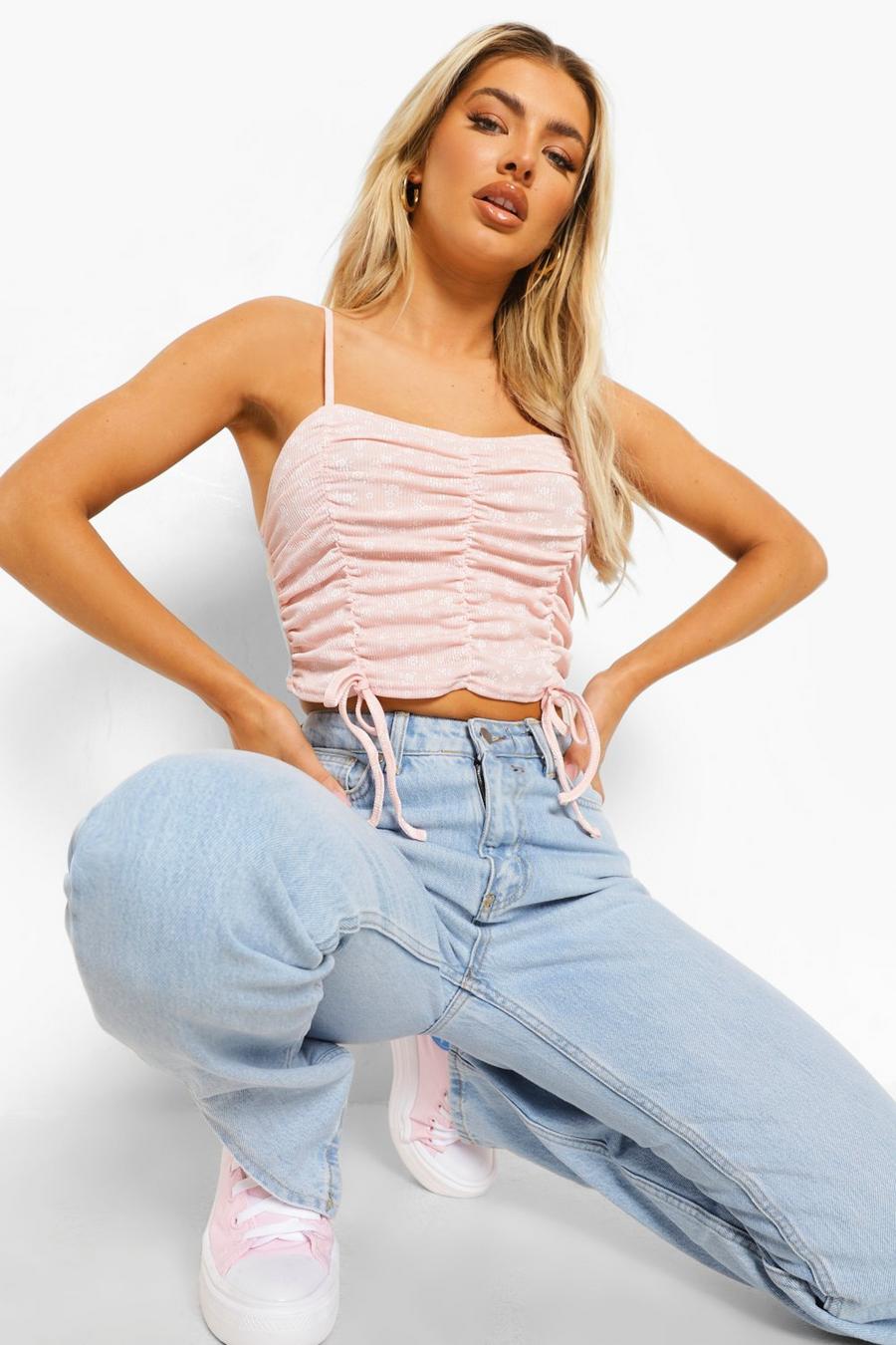 Baby pink Ditsy Ruched Crop Top image number 1