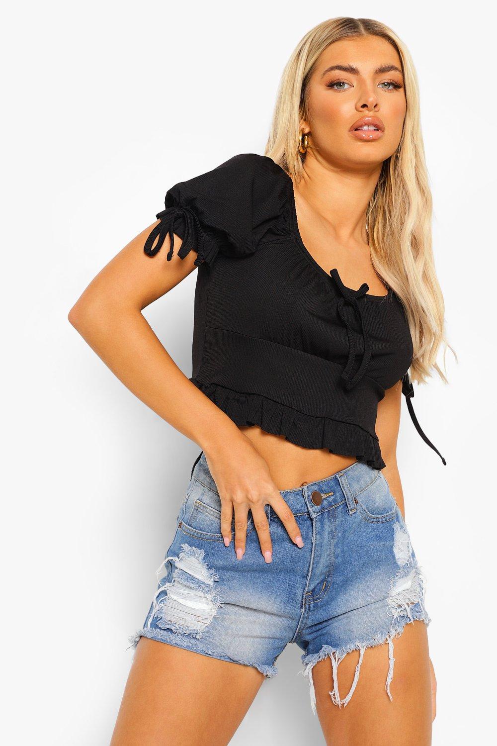 Ruffle tie front crop top on sale