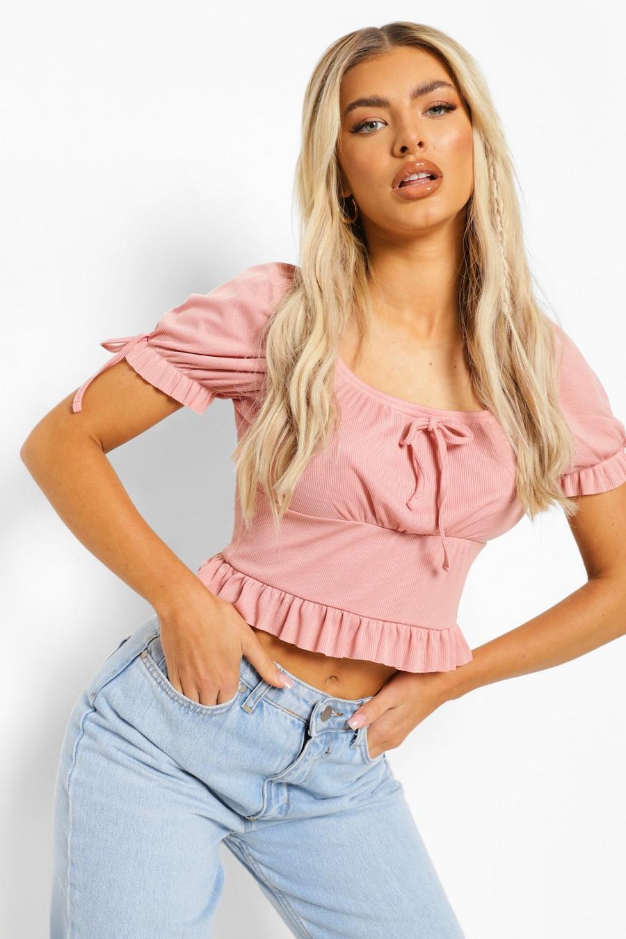 Blush Ruffle Tie Front Crop Top image number 1