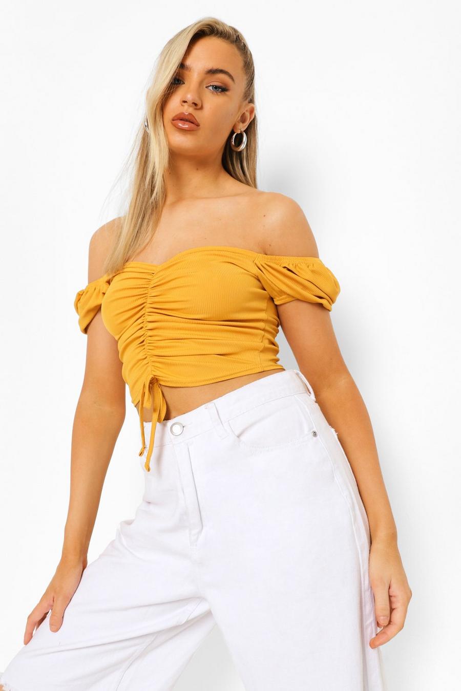 Mustard Rib Ruched Off The Shoulder Crop Top image number 1