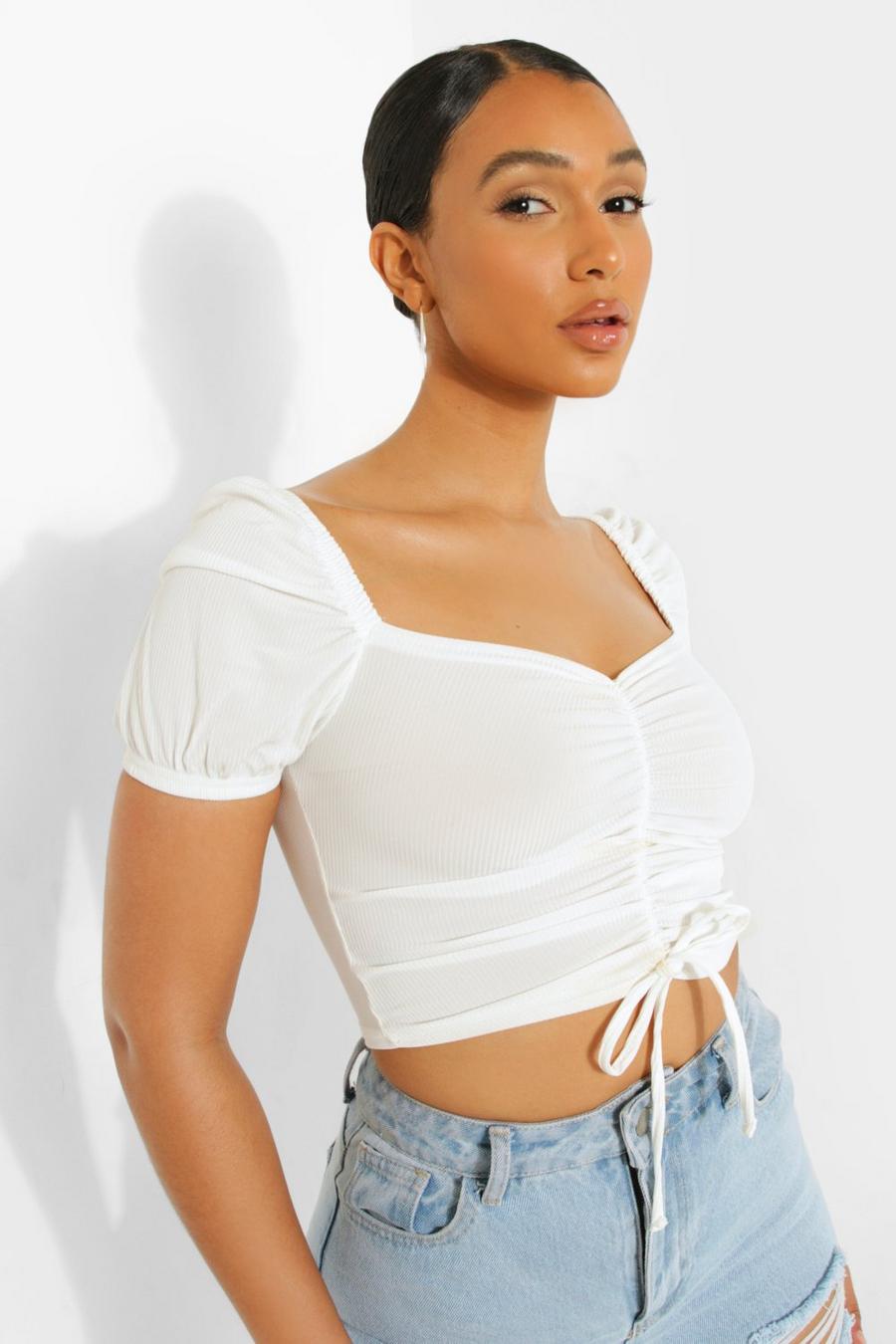 White Rib Ruched Off The Shoulder Crop Top image number 1