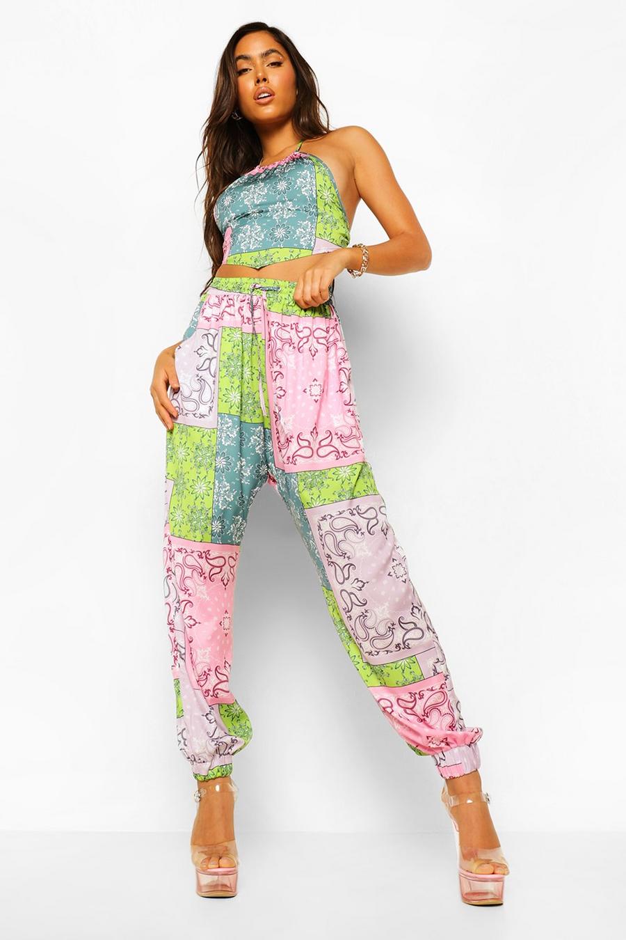 Pink Patchwork Paisley Woven Track Pants image number 1