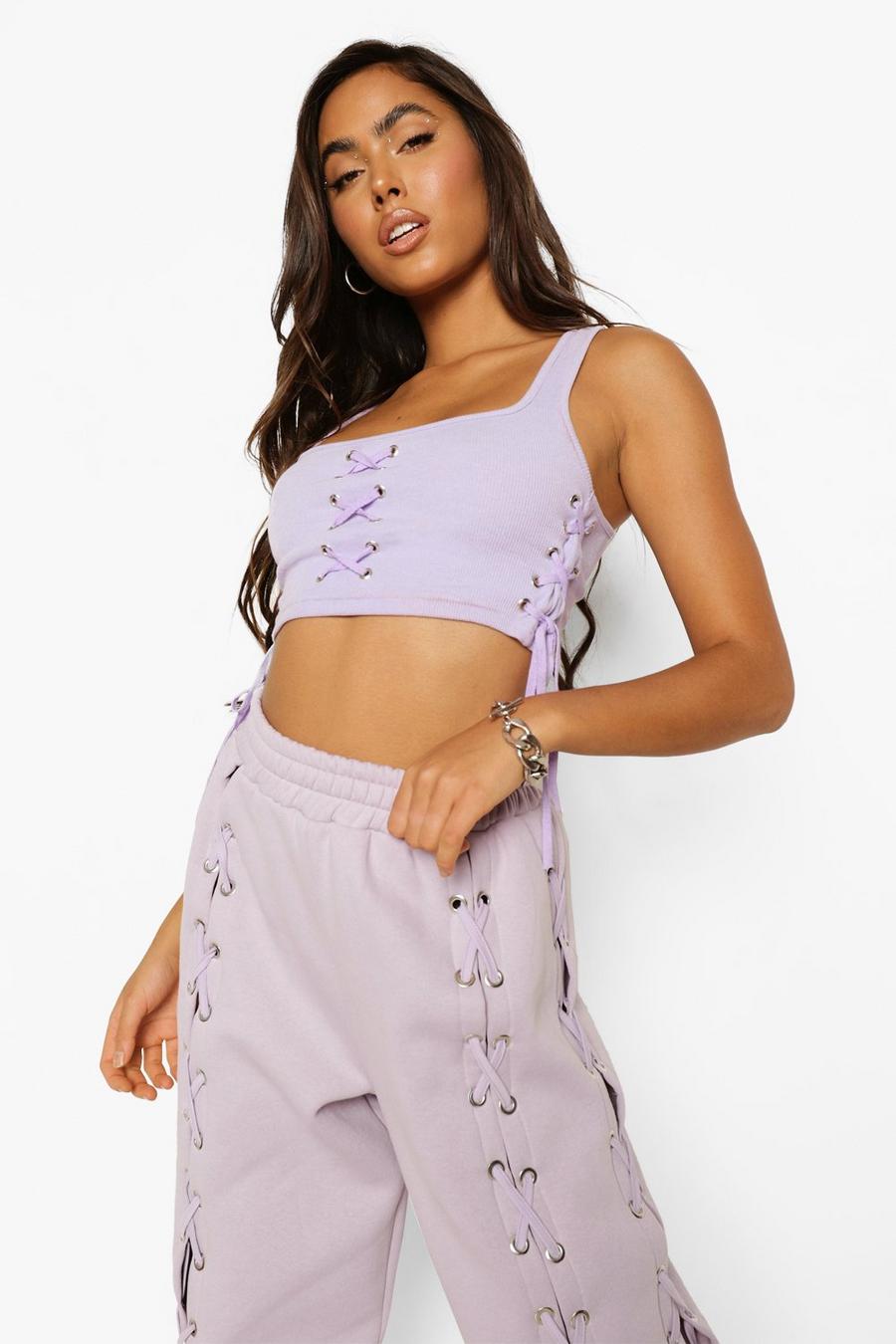 Lilac Lace Up Detail Racerback Crop Top image number 1