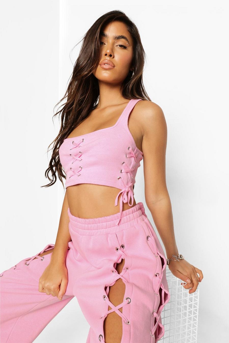 Pink Lace Up Detail Racer Back Crop Top image number 1