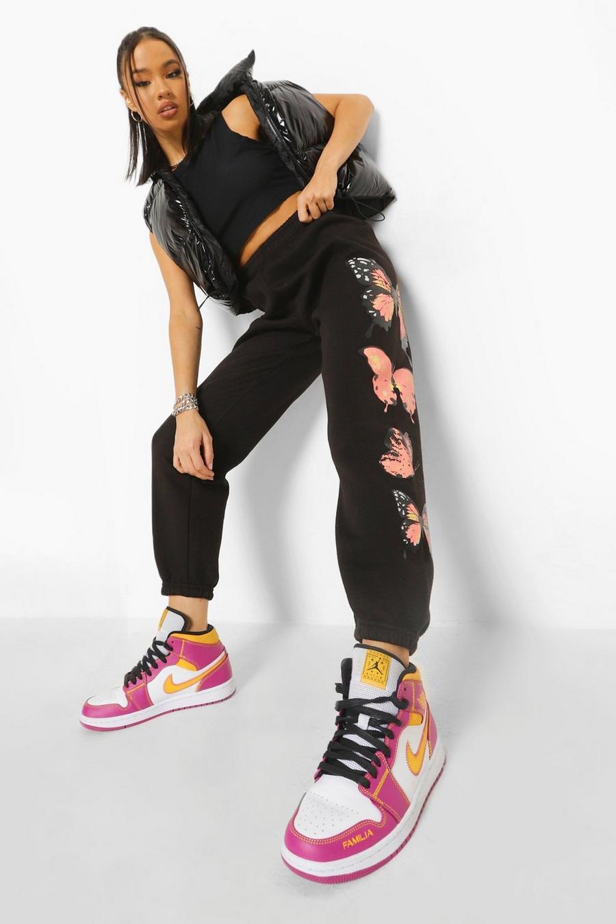 Black Butterfly Print Joggers image number 1
