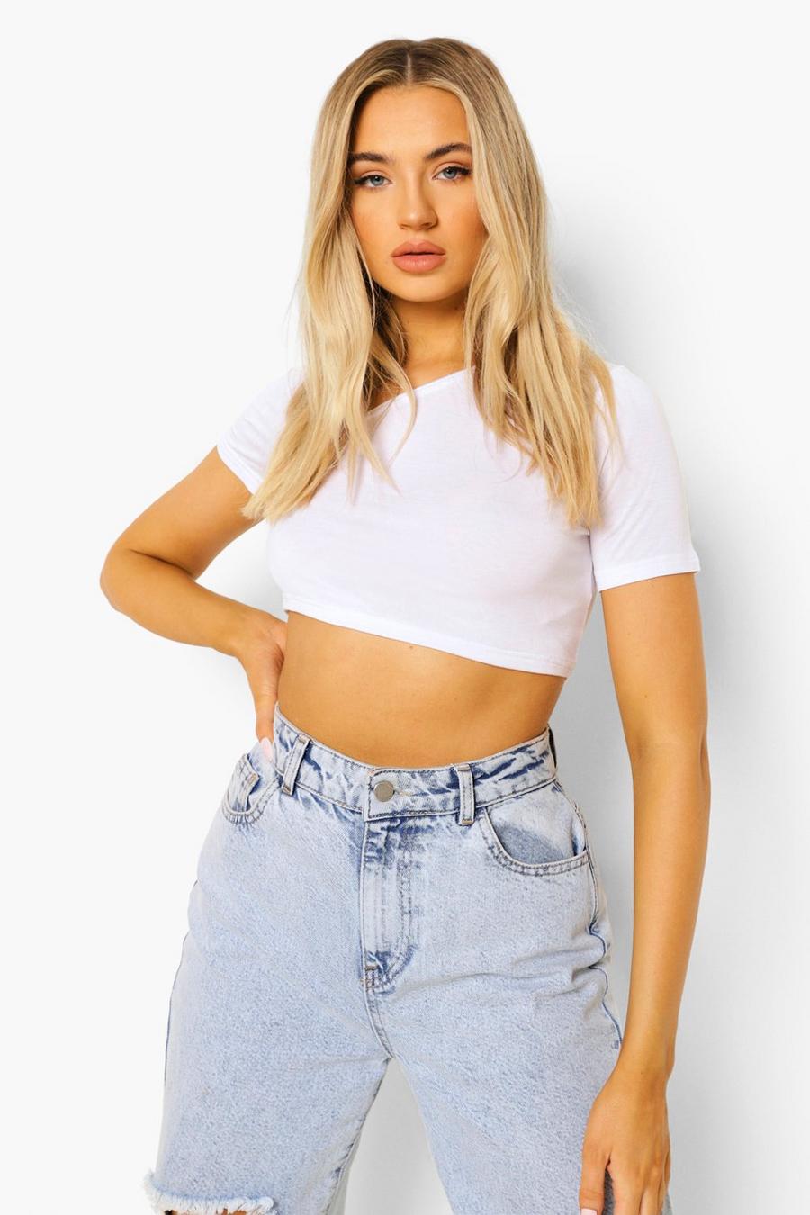 White Asymmetric Neck Crop Top image number 1
