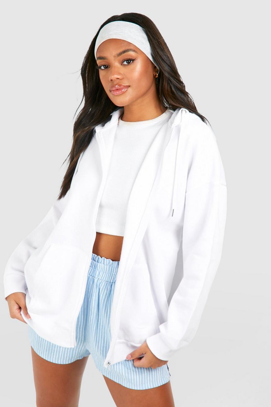 White Basic Overszied Zip Through Hoodie image number 1