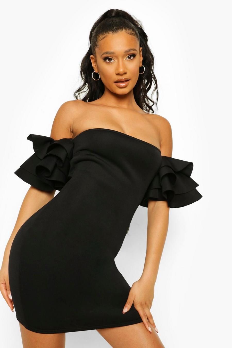 Black Scuba Frill Sleeve Bardot Bodycon Mini Dress image number 1