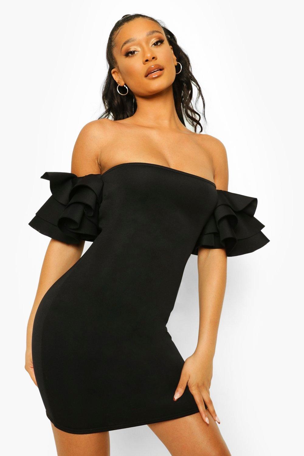 Black bardot frill detail 2024 bodycon