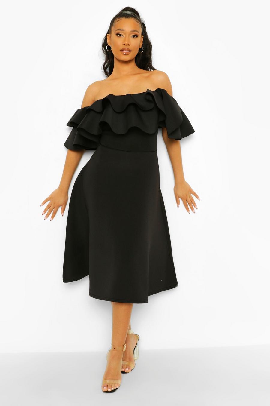 Midaxi-Kleid aus verbundenem Neoprenstoff mit Bardot-Ausschnitt und Rüschenärmeln, Schwarz image number 1