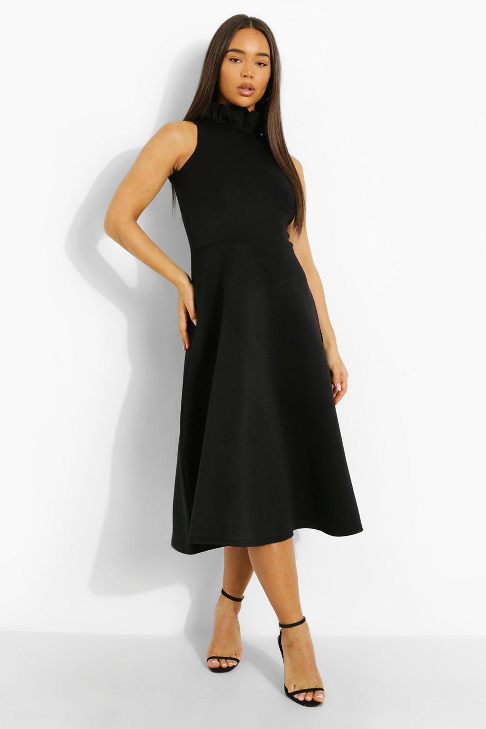 high neck frill midi dress