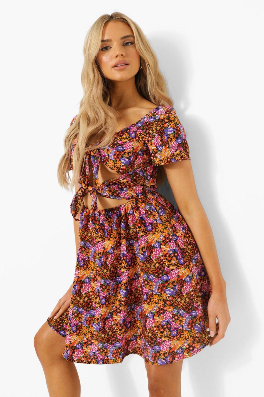 Yellow Floral Tie Cut Out Skater Dress image number 1