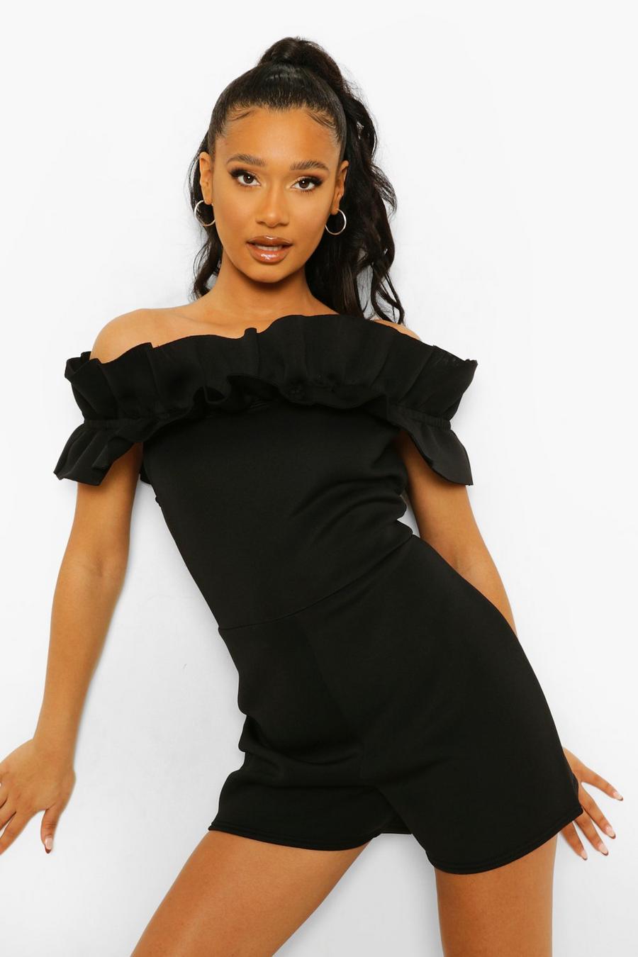 Withhold Saucer Suitable Ruffle Off The Shoulder Scuba Romper | boohoo