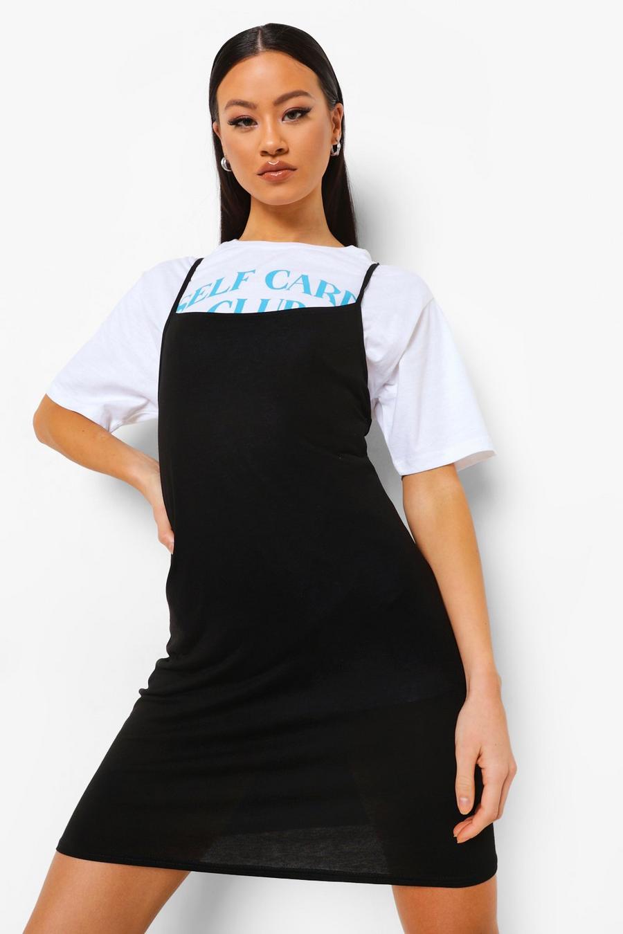 Slogan-T-Shirt und Slip-Kleid im Rücken zum Binden, Schwarz image number 1