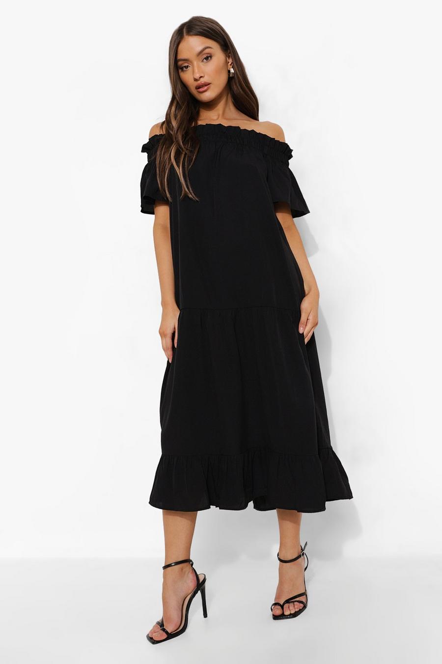 Black Off The Shoulder Rouched Tiered Midaxi Dress image number 1