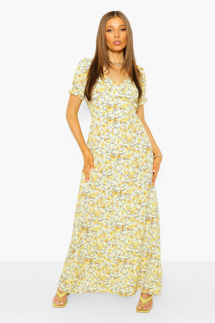 Mustard Floral Open Back Puff Sleeve Maxi Dress image number 1