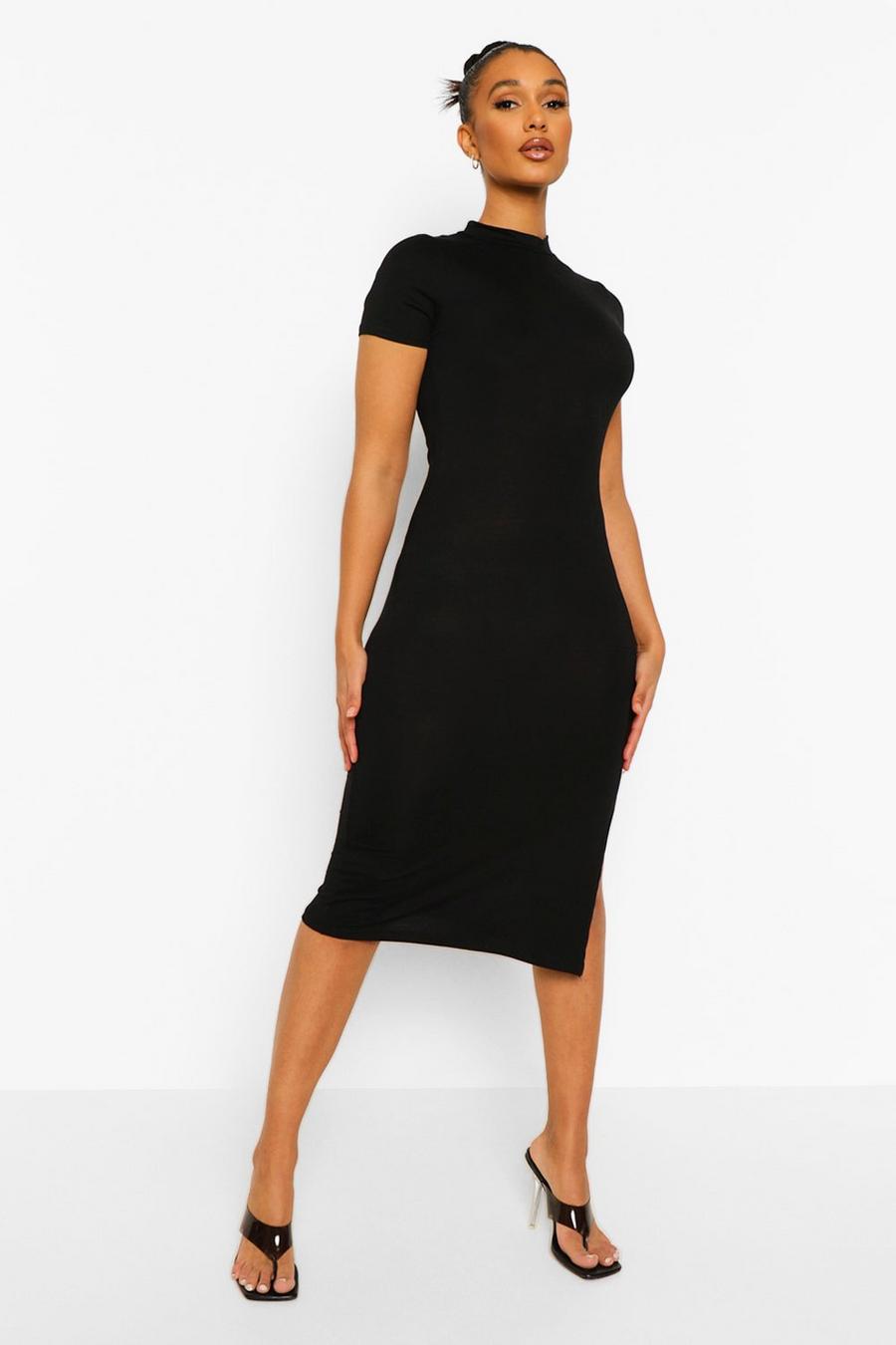 Black Short Sleeve Side Split Midi Dress image number 1