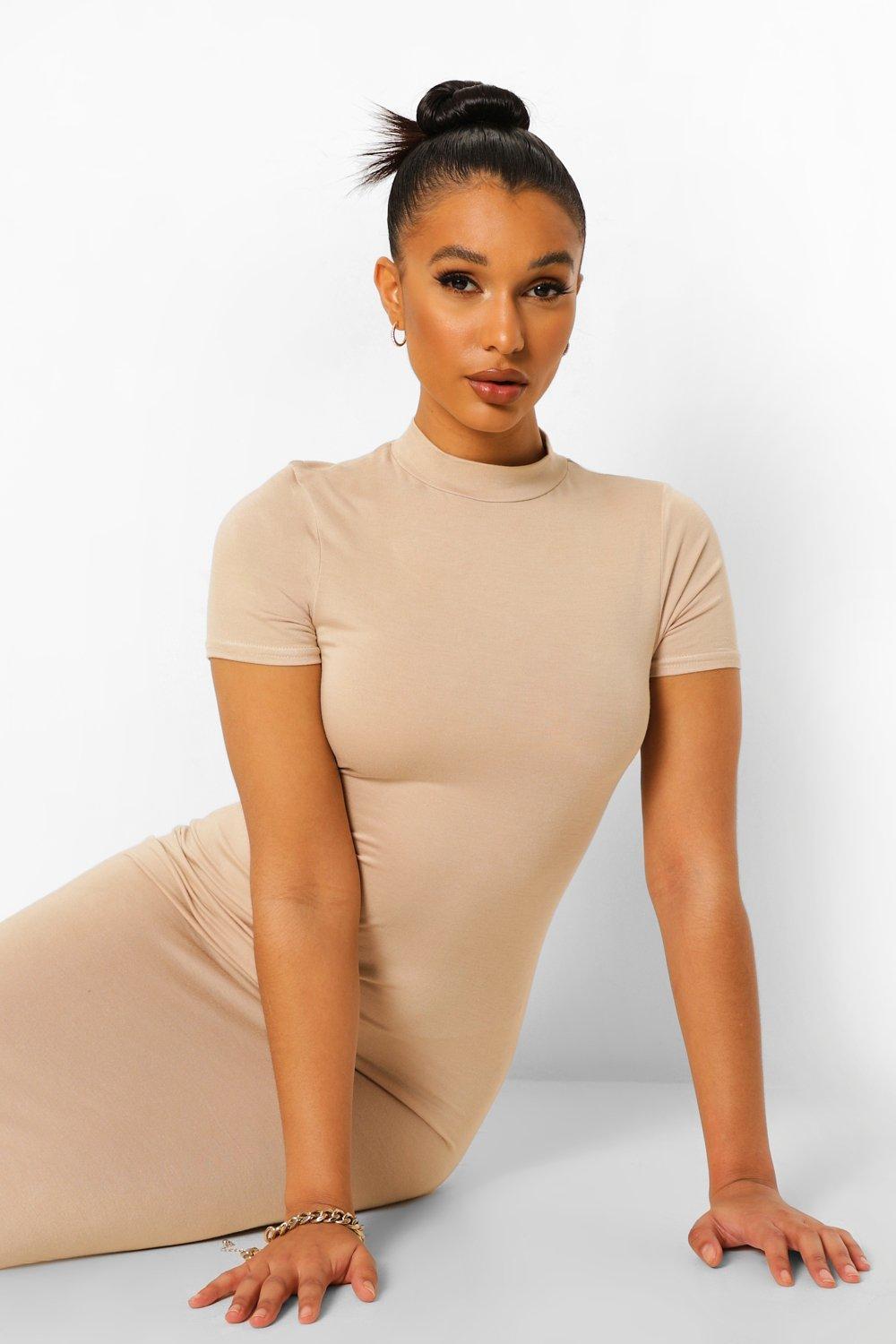 high neck short sleeve bodycon dress